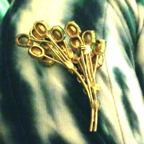 Vtg 50's CZECH Glass  Bouquet Gem Stones Multi Colorful Rare Gold Marked Brooch - Picture 8 of 9